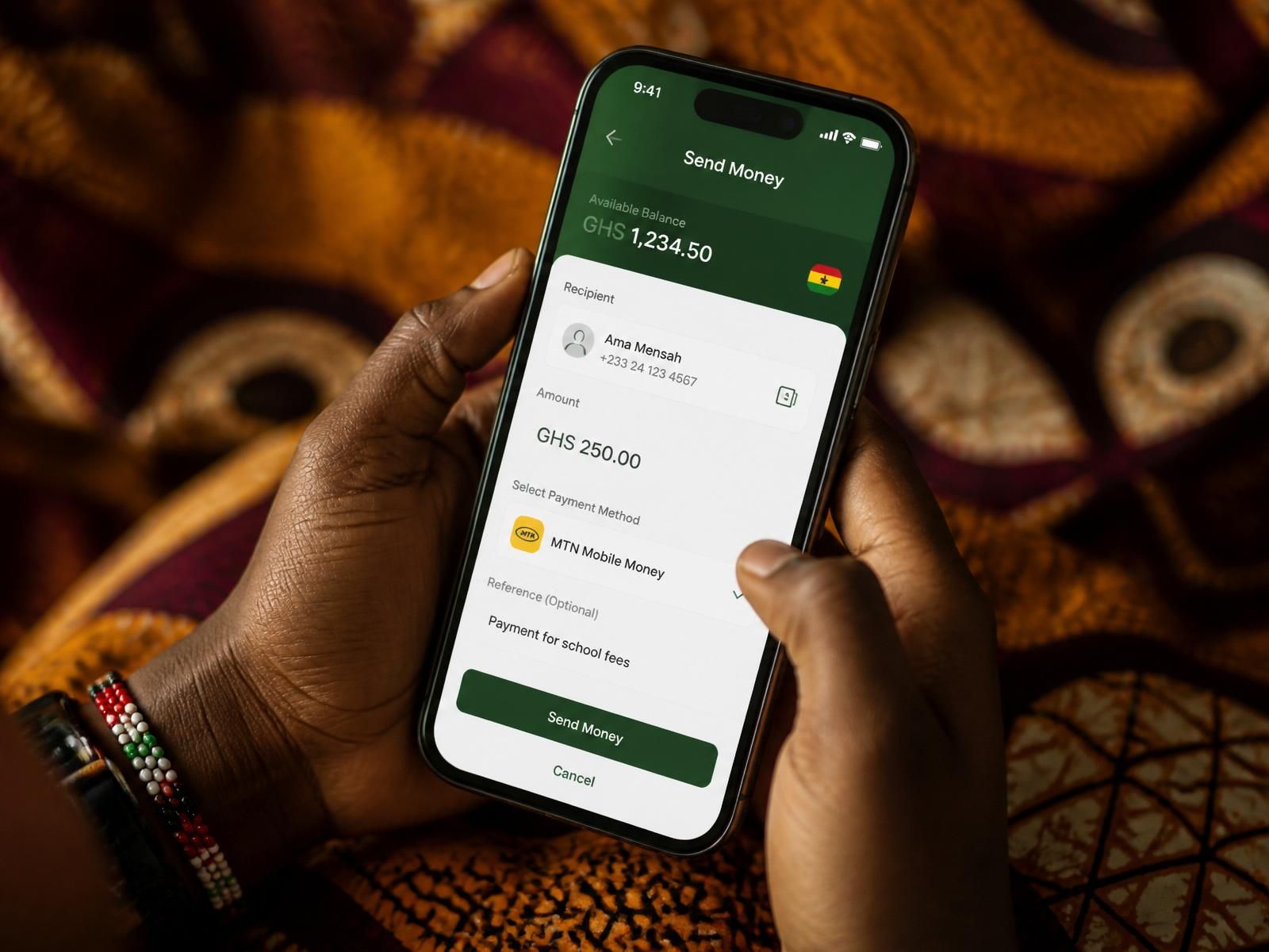 Téléphone affichant un paiement Mobile Money confirmé
